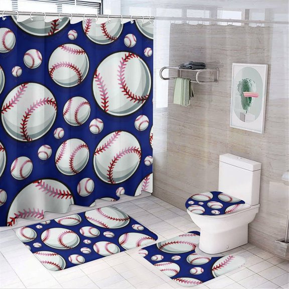 Navy Blue and White Baseball 4-piece Shower Curtain Set with Bath Mats and Toilet Lid Cover for Sports Bathroom Decor