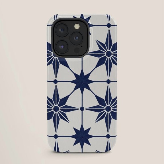 Navy Blue and White Compass Star Geometric Tough Case for Apple iPhone Series, Polycarbonate and TPU