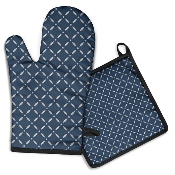 Navy Blue and White Geometric Pattern Kitchen Oven Mitt and Pot Holder Sets 2 Pcs for Baking, Cooking and Grilling, Heat Resistant Up To 392 °F