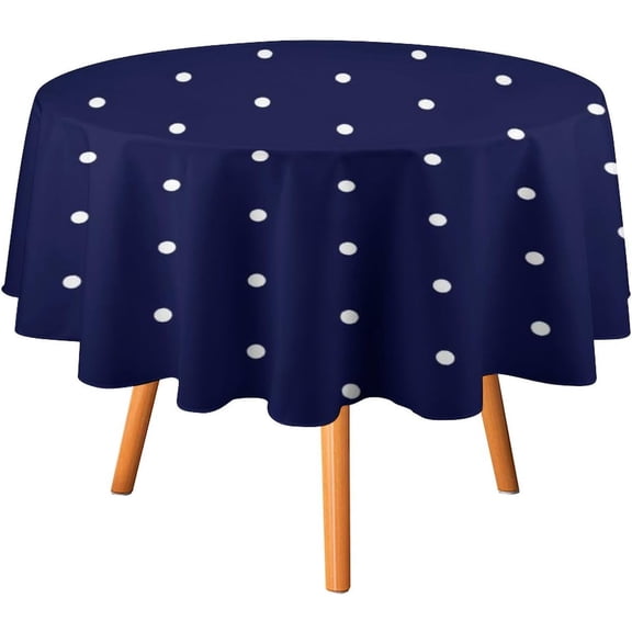 Navy Blue and White Polka Dot Tablecloth 60inch Round Table Cover Washable Table Cloth for Kitchen Dinning Party Tabletop Modern Decoration