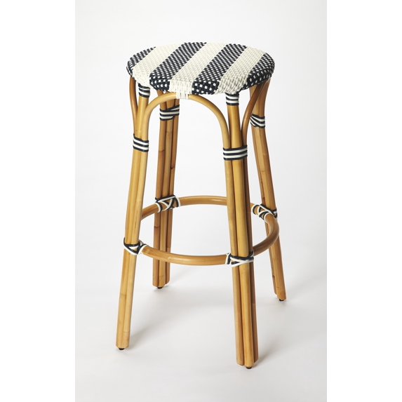 Navy Blue and White Rattan Bar Stool