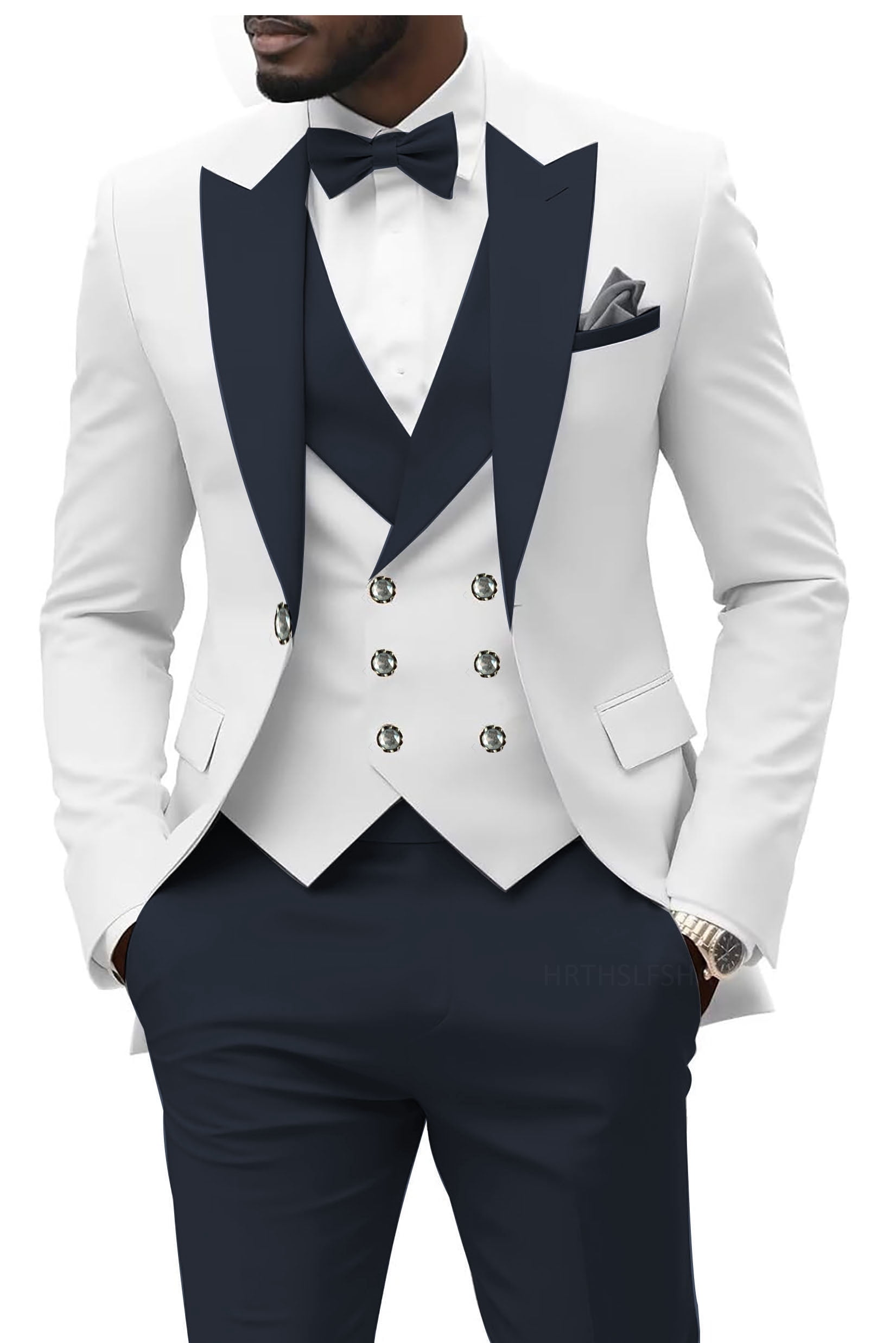 Navy Blue and White Tuxedos for Men 3 Piece Double Breasted Wedding Navy Blue and White Tuxedos for Men 3 Piece Double Breasted Wedding