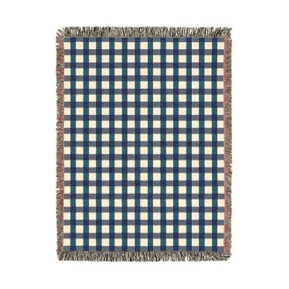 Navy Blue and White Windowpane Check Woven Blanket, 100% Cotton, Geometric Style for Bedroom or Living Room