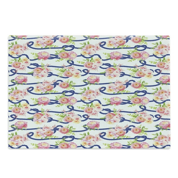 Navy and Blush Cutting Board, Twisted Blue Marine Rope and Bouquets of Spring Roses and Orchid, Decorative Tempered Glass Cutting and Serving Board, Large Size, Navy Blue Pink Green, by Ambesonne