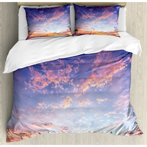 Navy and Blush Duvet Cover Set King Size, Ethereal Sky View with Pinkish Clouds Setting Sun Scenic Tranquil View, Decorative 3 Piece Bedding Set with 2 Pillow Shams, Pink Violet Blue, by Ambesonne
