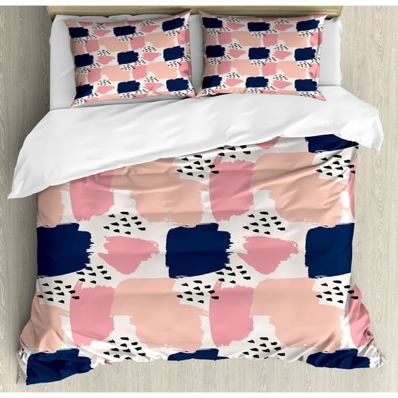 Navy and Blush Duvet Cover Set Queen Size, Hand Painted Style Brushstrokes in Pastel Colors Abstract Artistic Pattern, Decorative 3 Piece Bedding Set with 2 Pillow Shams, Multicolor, by Ambesonne