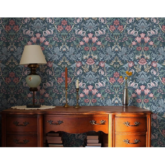 Navy Blush Elegant Floral Damask Print Non Woven Non-Pasted Textured Wallpaper 57 Sq. Ft.