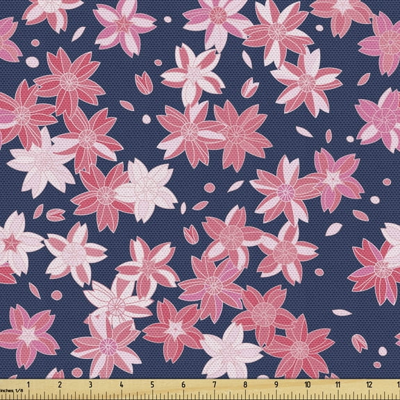 Ambesonne Navy and Blush Fabric by the Yard Upholstery, Japanese Spring, 5 Yards, Dark Blue Coral Pink