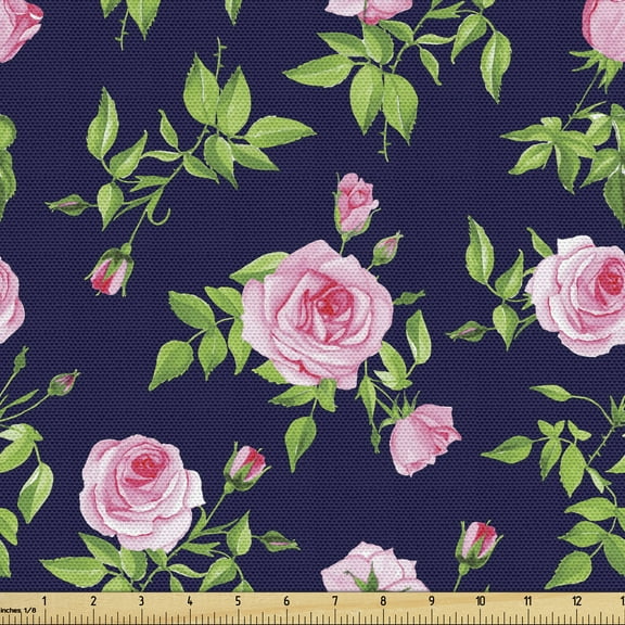 Ambesonne Navy and Blush Fabric by the Yard Upholstery, Vintage Roses Buds, 1 Yard, Indigo Green Pink