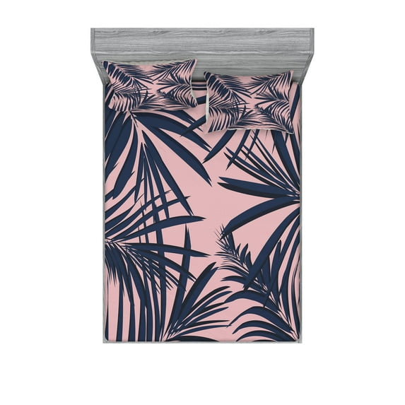 Navy and Blush Fitted Sheet & Pillow Sham Set, Summer Exotic Floral Tropical Palm Tree Leaf Banana Plant Hawaii, Decorative Printed 6 Piece Bedding Decor Set, Full, Night Blue Pale Pink, by Ambesonne