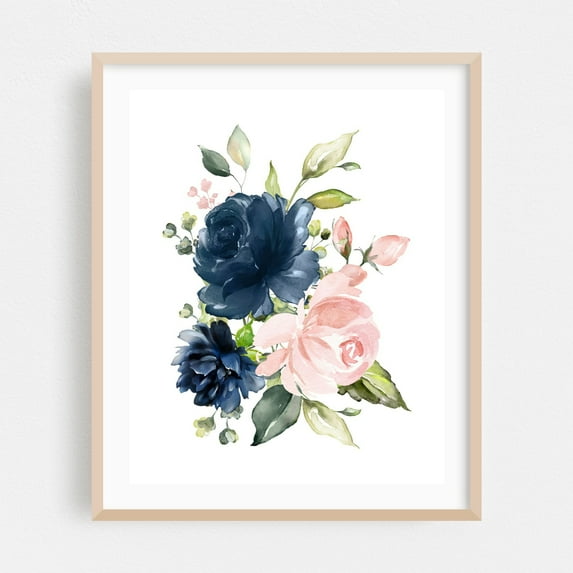 Navy and Blush Flowers, Watercolor Flowers, Roses, Greenery, Girl Nursery - Illustration Floral Watercolor Flowers Botanical Pastel Garden Oak Framed Wall Art Print 9 x 12 inches