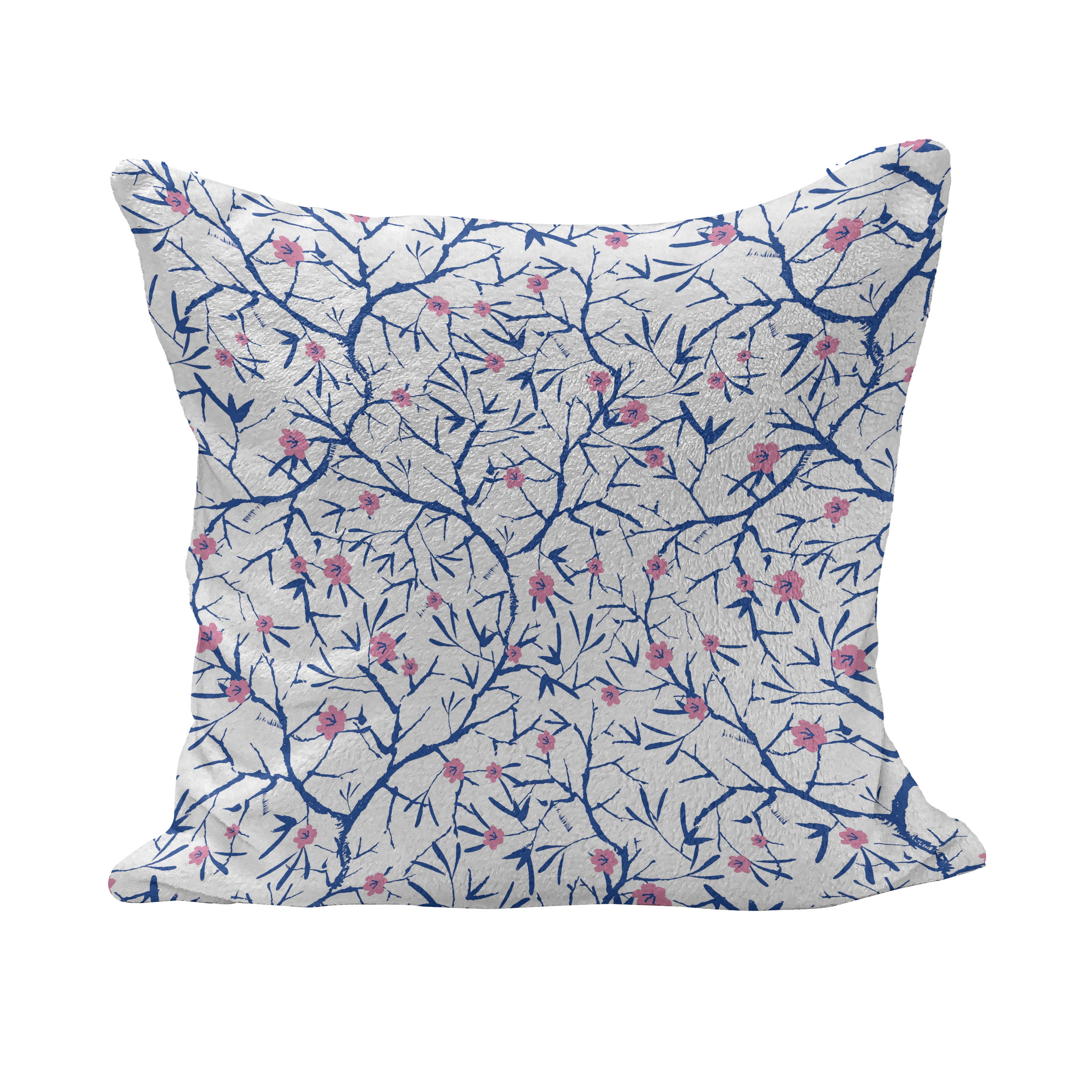 Navy and Blush Fluffy Throw Pillow Cushion Cover, Blooming Sakura