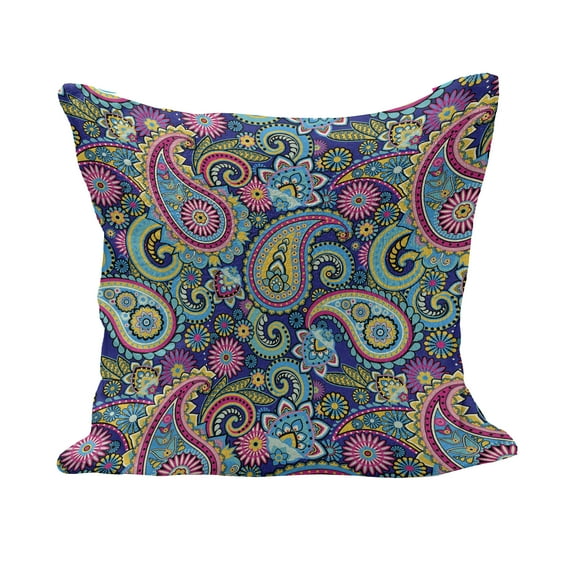 Navy and Blush Fluffy Throw Pillow Cushion Cover, Old Fashioned Eastern Floral Paisley Motif Vintage Oriental Elements, Decorative Square Accent Pillow Case, 28" x 28", Pink Blue Yellow, by Ambesonne