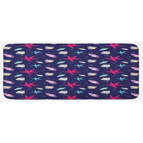 Navy and Blush Kitchen Mat, Nautical Marine Pattern with Shells Starfishes and Bubbles Aquatic Wildlife, Plush Decorative Kitchen Mat with Non Slip Backing, 47" X 19", Multicolor, by Ambesonne