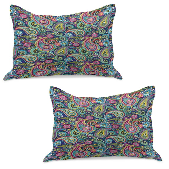 Navy and Blush Knitted Quilt Pillowcover Set of 2, Old Fashioned Eastern Floral Paisley Motif Vintage Oriental Elements, Standard Queen Pillow Sham Bedroom, 30" x 20", Pink Blue Yellow, by Ambesonne