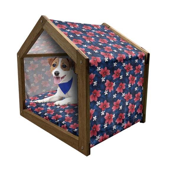 Navy and Blush Pet House, Exotic Flora Pattern Hibiscus Plumeria Blossoms Hawaiian, Outdoor & Indoor Portable Dog Kennel with Pillow and Cover, 5 Sizes, Navy Blue Dark Coral, by Ambesonne