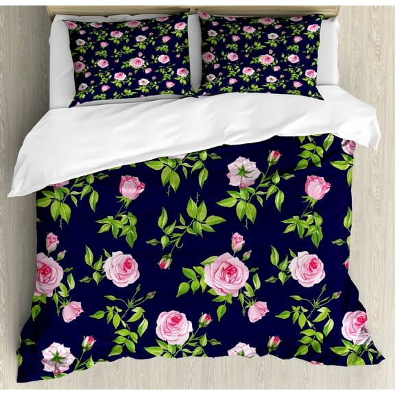 Navy and Blush Queen Size Duvet Cover Set, Vintage Roses and Buds Romantic Feminine Floral Pattern Old Fashioned, Decorative 3 Piece Bedding Set with 2 Pillow Shams, Indigo Green Pink, by Ambesonne