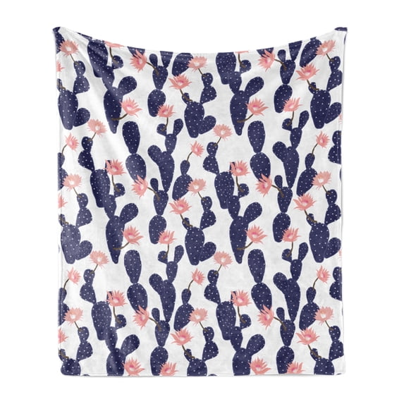 Navy and Blush Soft Flannel Fleece Blanket, Cactus Tropical Garden Theme Blossoming Succulent Plants Exotic Botanical, Cozy Plush for Indoor and Outdoor Use, 50" x 70", Indigo Coral, by Ambesonne