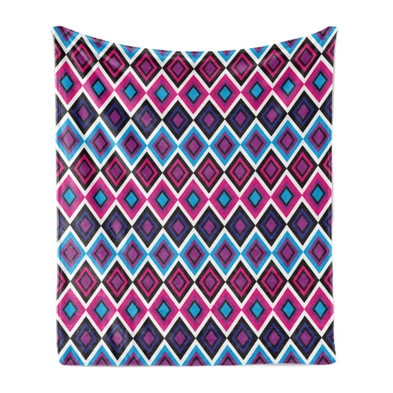 Navy and Blush Soft Flannel Fleece Blanket, Geometrical Diamond Line Pattern Retro Nostalgic Psychedelic Design, Cozy Plush for Indoor and Outdoor Use, 50" x 60", Magenta Purple Blue, by Ambesonne