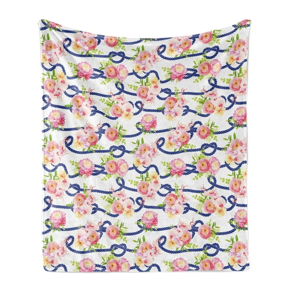 Navy and Blush Soft Flannel Fleece Blanket, Twisted Blue Marine Rope and Bouquets of Spring Roses and Orchid, Cozy Plush for Indoor and Outdoor Use, 60" x 80", Navy Blue Pink Green, by Ambesonne