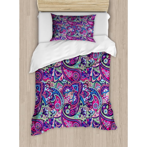 Navy and Blush Twin Size Duvet Cover Set, Pattern Based on Traditional Asian Elements Paisley Old Fashioned Floral, Decorative 2 Piece Bedding Set with 1 Pillow Sham, Multicolor, by Ambesonne