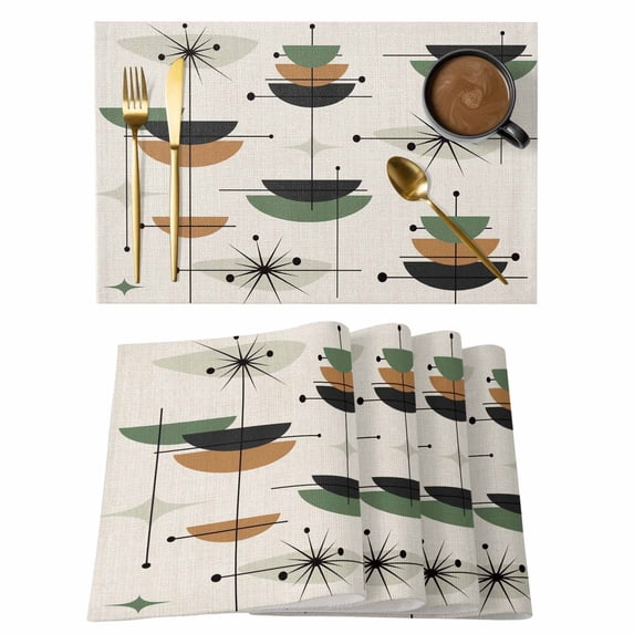 Navy Bohemian Placemats Set of 8, Geometric Abstract Stripes Vintage Beige Placemats for Dining Table, Place Mats for Kitchen Tabletop, Waterproof Wipeable Dining Table Mats Set