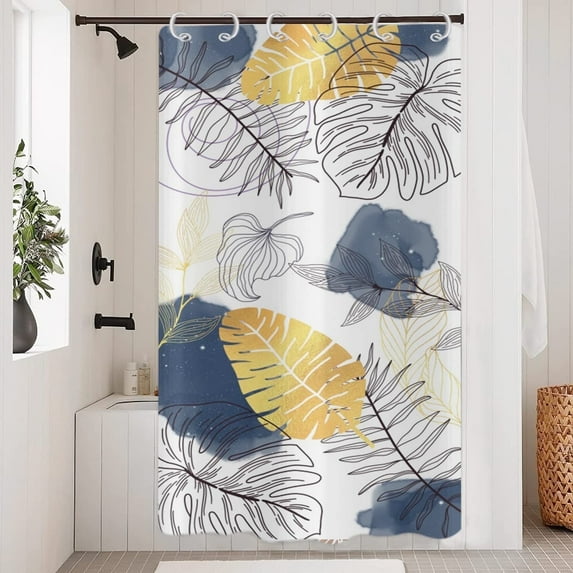 Navy Boho Chic Shower Curtain, Abstract Aesthetic Tropical Leaf with Gold Botanical Branch Modern Bathroom Curtain for Bathtub Home Decor Waterproof Fabric Machine Washable