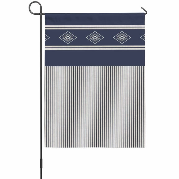 Navy Border Stripe Garden Flag 12 x 18 Inches, Boho Blue Gray Diamonds Stripes Farmhouse Weather Proof Outdoor Patio Flags Double Sided Small Garden Decoration for Yard Outside Home