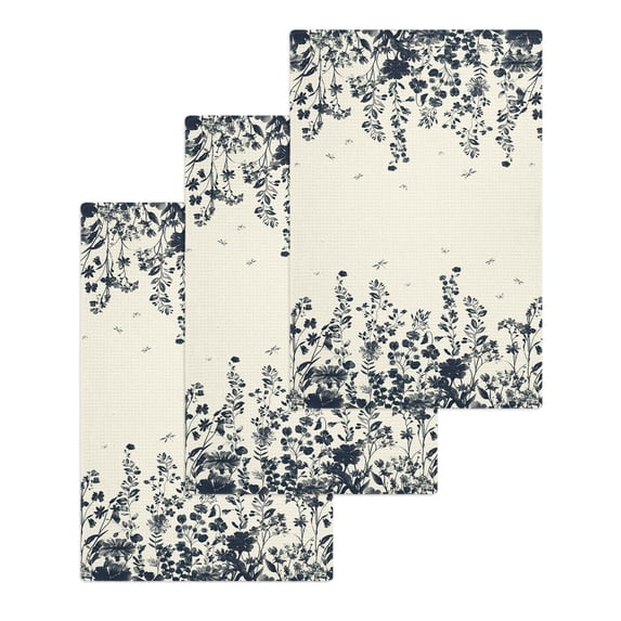 Navy Botanical Kitchen Dish Towels for Drying Dishes Set of 3, Blue Dragonfly Flower Leaf Retro Style Waffle Weave Microfiber Hand Tea Bathroom Towels Quick Dry & Absorbent Towel 15.7x23.6