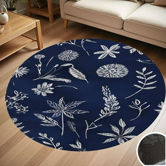 Navy Botanical Sketch Round Carpet Living Room Bedroom Home Decoration Coffee Table Mat Lounge Rug Chair Mats
