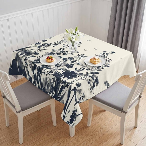 Navy Botanical Table Cloth Waterproof Tablecloths, Blue Dragonfly Flower Leaf Retro Style Tablecloth Dining Table Cover for Kitchen Party Tabletop Outdoor, Square Tablecloth 54x54 Inch