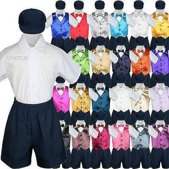 Navy Boy Toddler Formal Vest Shorts Suit Satin Vest Bow Tie Hat 5PC Set sz S-4T