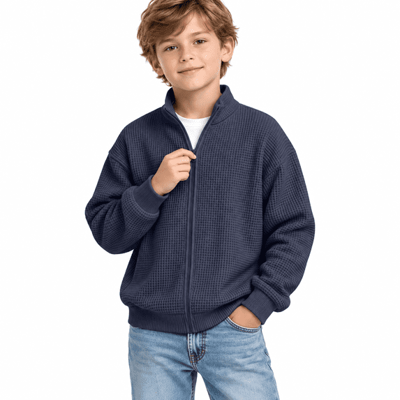 Navy Boys Waffle Knit Full Zip Sweatshirt Size 3-4 Years,Stand Collar Long Sleeve Jacket,Casual Athletic Tops for School Daily Wear Fall Spring Outfits