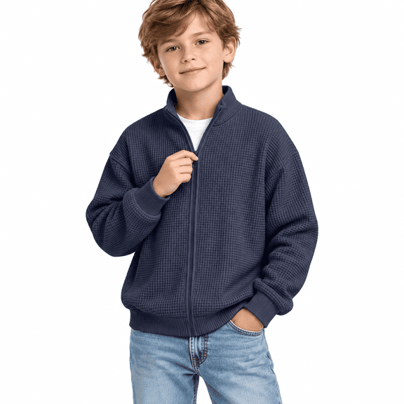 Navy Boys Waffle Knit Full Zip Sweatshirt Size 3-4 Years,Stand Collar Long Sleeve Jacket,Casual Athletic Tops for School Daily Wear Fall Spring Outfits