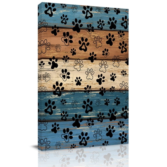 Navy Brown Wood Grain Canvas Wall Art for Living Room, Dog Paw Pattern Vintage Farmhouse Poster Print Painting for Bedroom Office Home Decoration Wall Pictures Prepare To Hang 8"x12"
