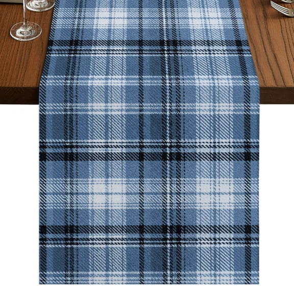 Navy Buffalo Plaid Burlap Cotton Table Runner 16x72 Inches Long, White Blue Farmhouse Modern Striped Farmhouse Table Runners, Outdoor Dining Tablecloths Decor for Baby Shower/Party/Wedding