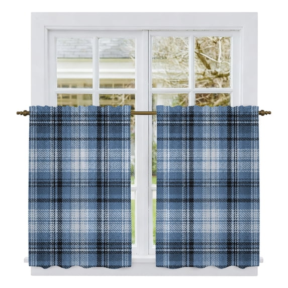 Navy Buffalo Plaid Tier Curtains 54 Inch Length, White Blue Farmhouse Modern Striped Cafe Short Curtains for Bathroom Over Sink, Small Kitchen Curtain Light Filtering Drapes 2 Panels 27.5"Wx54"L
