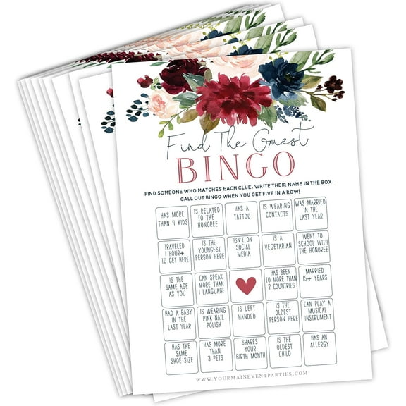Navy Burgundy Floral Find The Guest Bingo Game - 50 Game Cards Included - Perfect for Bridal Shower, Baby Shower, and Bachelorette Parties