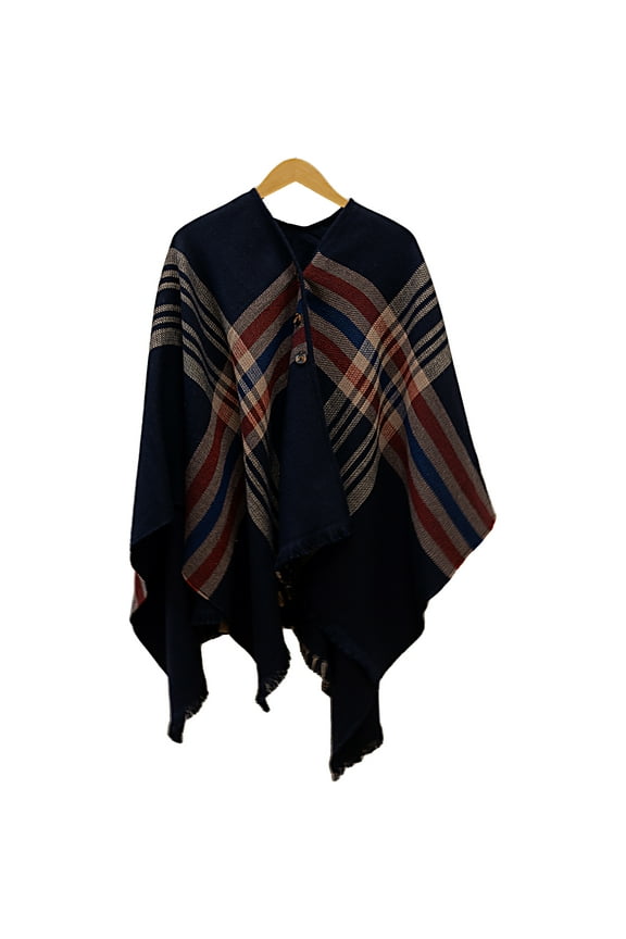 Navy, Camel & Red Plaid - 51" x 56" Ruana One Size Fits Most