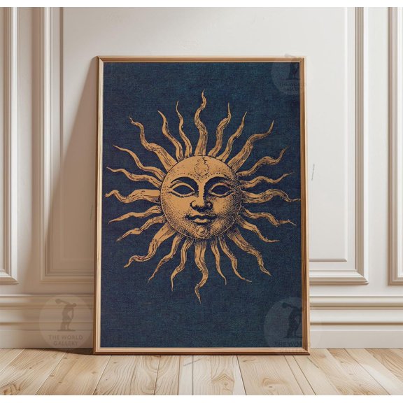 Navy Celestial Sun Gold Medieval Face Vintage Astrology Wall Art, Eye Catching Science Inspired Theme For Bedroom And Gallery Wall Decor