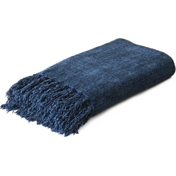 Navy Chenille Throw Blanket for Couch BedSoft Cozy with Handmade Fringe, Decorative Sofa Chair Living Room Gift,Navy 50" x 60"