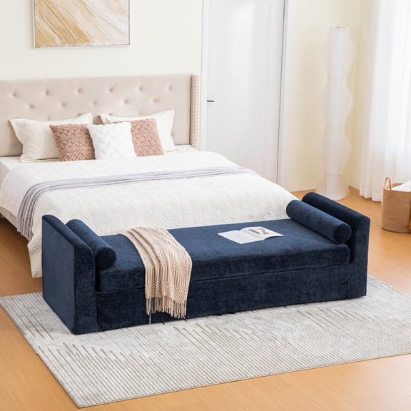 Navy Chenille Upholstered Wide Bed End Bench Armrests Two Bolster Pillows Plywood Plastic Legs 88.58 Inch