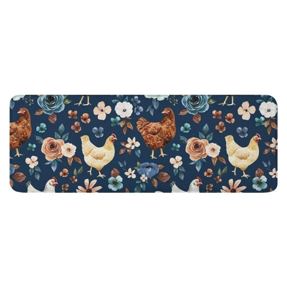 Navy Chicken Flower Pattern Kitchen Rug Mat,Kitchen Runner Rugs Non Skid Washable,Decorative Kitchen Floor Mats for Kitchen,Sink,Laundry,17"x47.2"