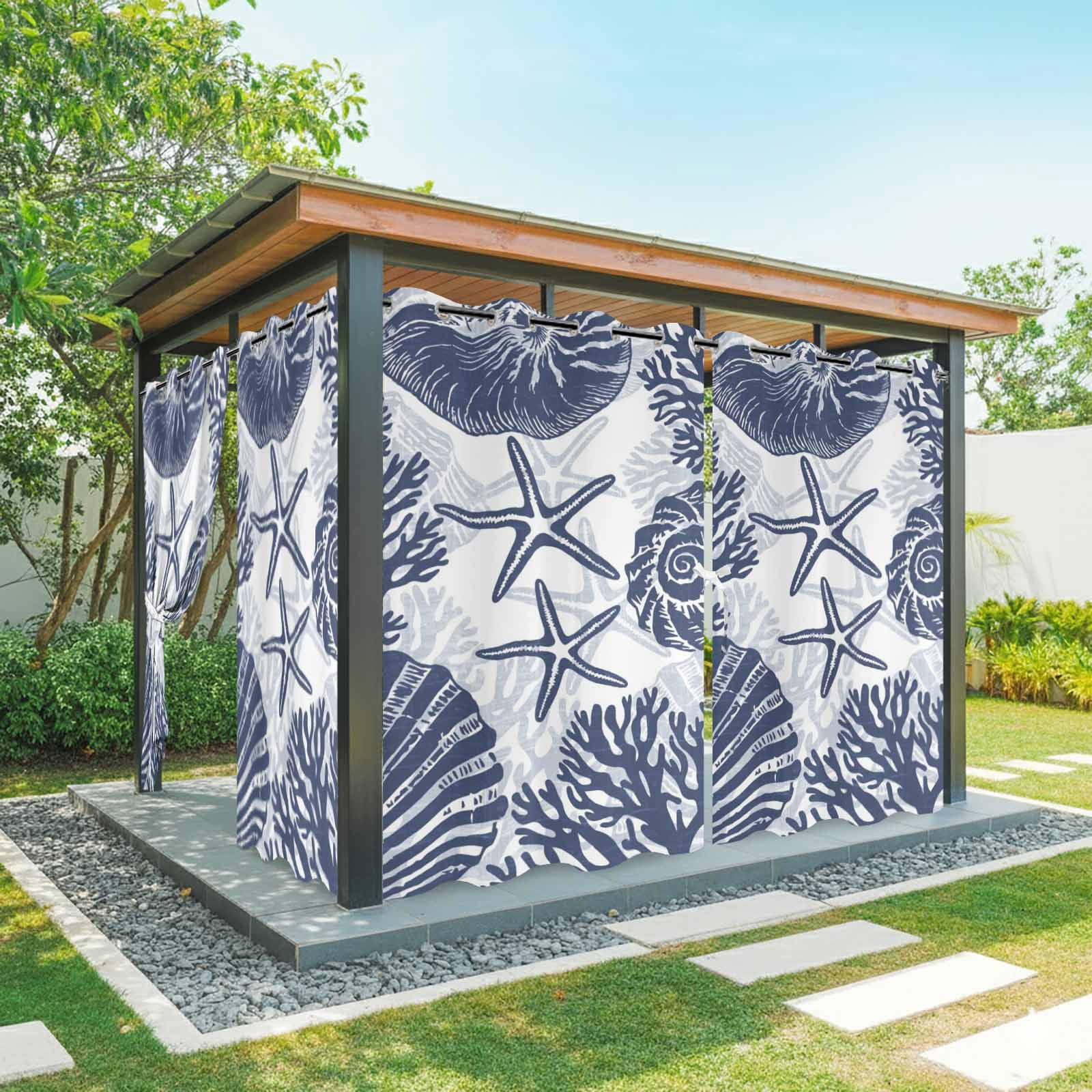 Navy Coastal Outdoor Curtains for Patio, Beach Starfish Nautical Coral Shell Summer Sunshade Privacy Drapes Grommet Waterproof Outside Curtains for Porch/Cabana/Balcony 54"x 108", 1 Panel