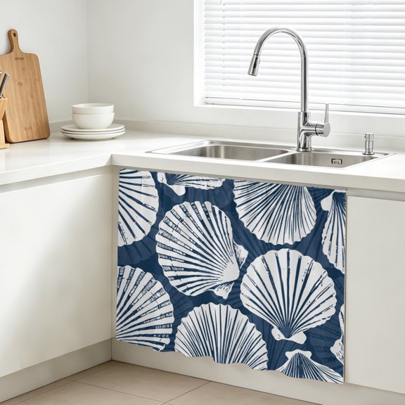 Navy Coastal Shell Cabinet Curtains for Kitchen 10"W x 11"L, Ocean Life Nautical Modern Summer Beach Under Sink Skirt Magic Tape Short Curtain Decorative Privacy Panel for Bathroom Laundry