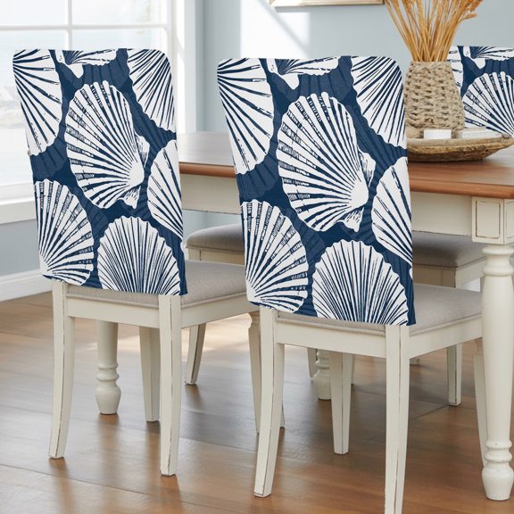 Navy Coastal Shell Chair Back Covers Set of 1, Ocean Life Nautical Modern Summer Beach Removable Dining Seat Cover Washable Kitchen Chair Slipcovers Protective for Party Decoration 19x20in