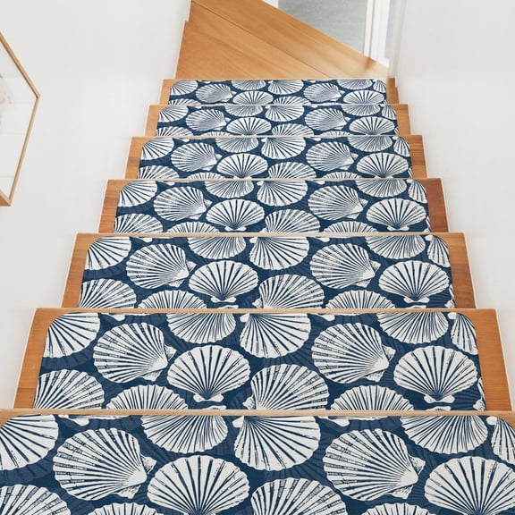 Navy Coastal Shell Stair Treads Non Slip for Steps Ocean Life Nautical Modern Summer Beach 15 Pcs Reusable Adhesive Stair Runner Mats for Dogs Elders Carpet Treads Rugs for Staircase 8x30 In