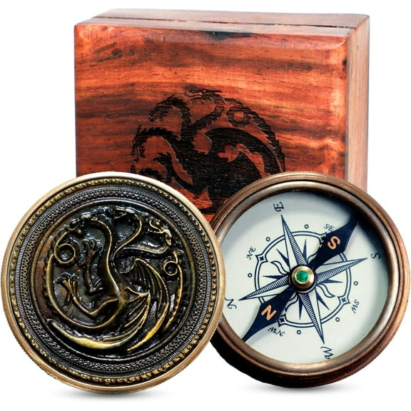 Navy Collection 2-Inch Compass with Engraved Flying Dragon and 'Fire and Blood' Quote - Antique Finish Collectors' Compass in Premium Wooden Box