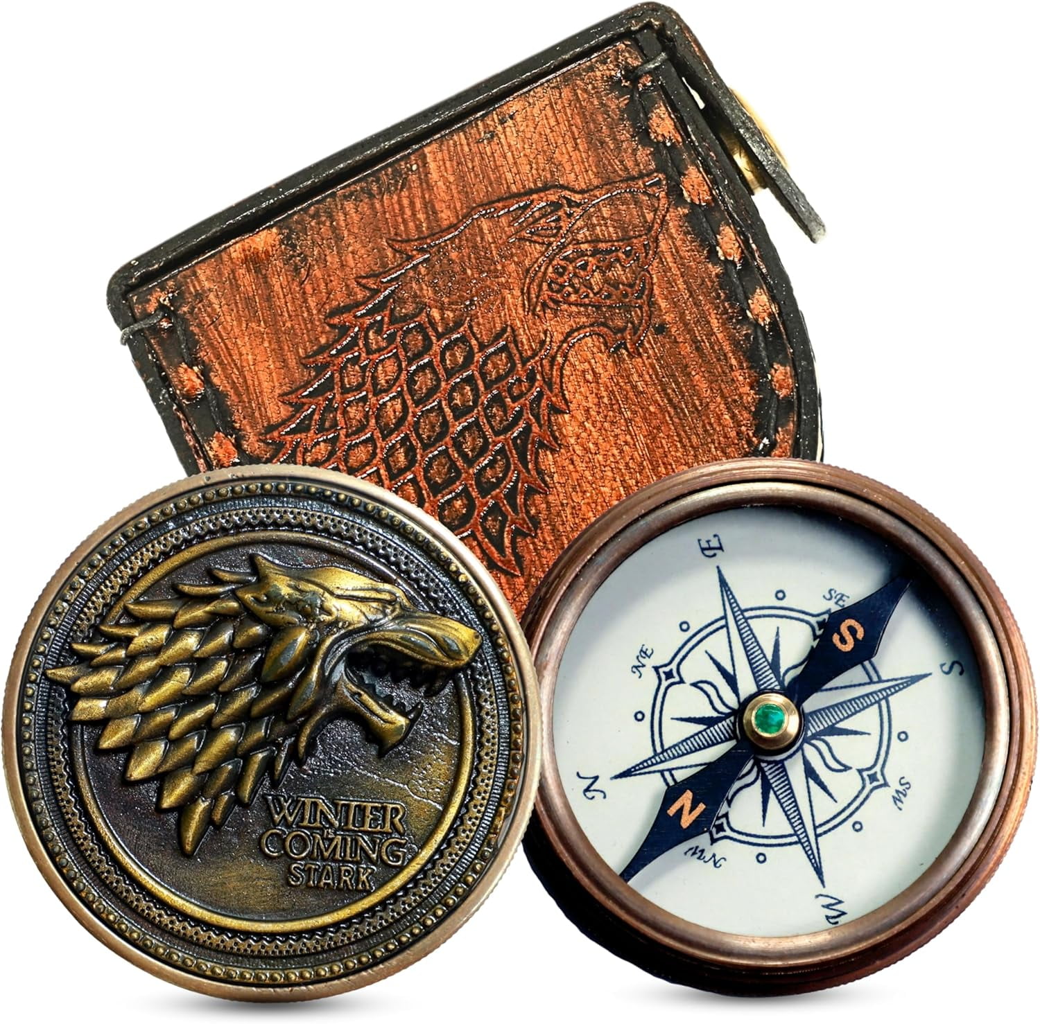 Navy Collection Antique Bronze Compass 2-Inch with Leather Case – Winter is Coming Direwolf Design – Functional Collectible for Outdoor Navigation & Fantasy