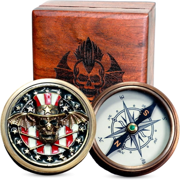 Navy Collection Compass with Wooden Box Skull and Deathbats Engravings | Antique Finish Collectors' Item with Compass Lid and Unique Patriotic Design